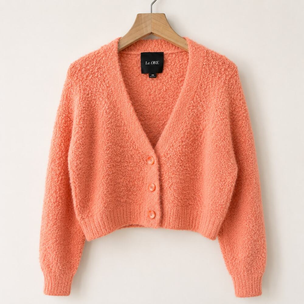 Le Ore Simba Modena Teddy Cardigan Wool Blend Coral XS Cozy Cropped Sweater